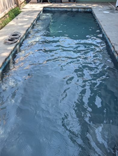 Clear pool with dark charcoal plaster and stone coping, water rippling in the sun